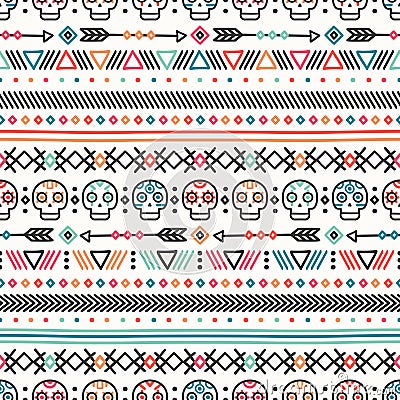 Day of the Dead. Tribal hand drawn line mexican ethnic seamless pattern. Border. Wrapping paper. Print. Doodles. Tiling Vector Illustration