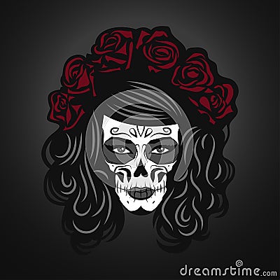 Day of The Dead Woman Illustration with Sugar Skull Face Vector Illustration