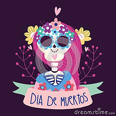 Day of the dead, woman skeleton catrina flowers ribbon traditional mexican celebration Vector Illustration