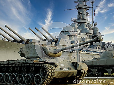 Day exterior view of Battleship Alabama and tank Editorial Stock Photo