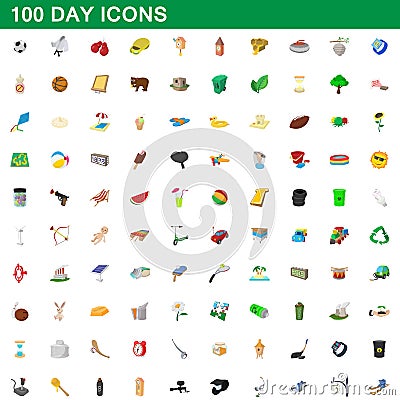 100 day icons set, cartoon style Vector Illustration