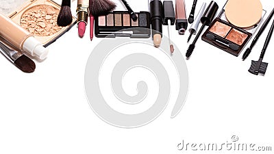 Day makeup set with copy space. Beauty products for natural make-up on white. Decorative cosmetics background Stock Photo