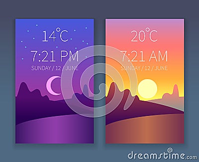 Day night app. Morning and evening sky. Nature landscape with trees. Vector weather flat background for phone interface Vector Illustration