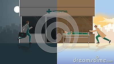 Day and night concept of a doctor run to a hospital for a late night shift duty Vector Illustration