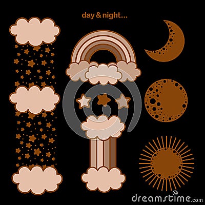 Day & night design elements on black background. Vector Illustration