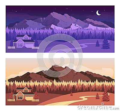 Day and night mountains flat color vector illustration set Vector Illustration