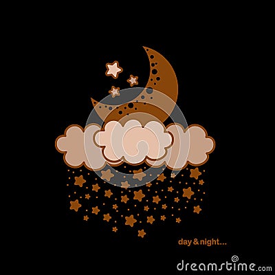 Day & night poster with moon, clouds and stars on black background. Vector Illustration