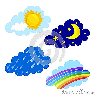 Day and night, rain and a rainbow, clouds Vector Illustration