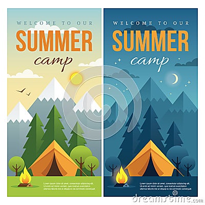 Day and night summer camp banners Vector Illustration
