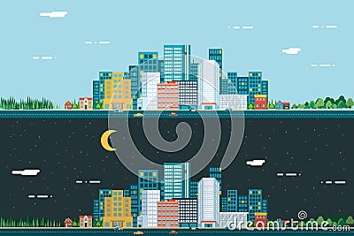 Day and night Urban Landscape City Real Estate Vector Illustration