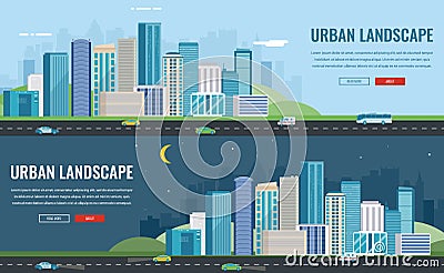 Day and night urban landscape. Modern city. Building architecture, cityscape town. Concept website template. Vector Vector Illustration