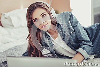 Portrait of gorgeous girl wearing earphones Stock Photo