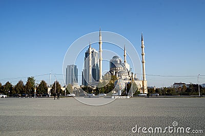 Day panorama a modern city central square with a lovely mosqe and skyscrapers taken in Grozny city Chehenia Russian caucasus Stock Photo