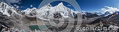 Day panoramic view of mountains: Mount Everest 8848m, Nuptse 7861m, Everest base camp path and Khumbu Glacier from Kala Patthar 5 Stock Photo