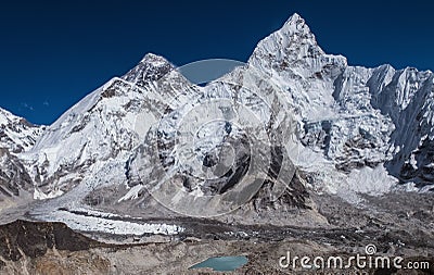 Day panoramic view of mountains: Mount Everest 8848m, Nuptse 7861m, Everest base camp path and Khumbu Glacier from Kala Patthar Stock Photo
