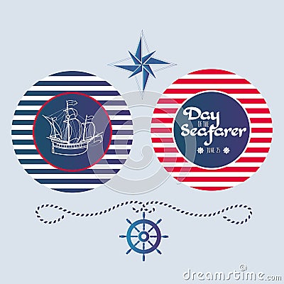 Day of the Seafarer. Sailing ship and lettering. Vector Illustration