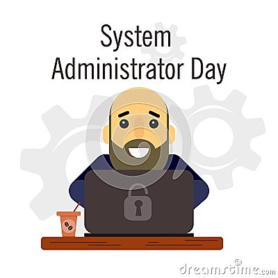 Day of the system administrator. Cartoon, funny picture man with a beard and bald head system administrator. Stock Photo
