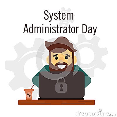 Day of the system administrator. Cartoon, funny picture man with a beard by the system administrator. Stock Photo