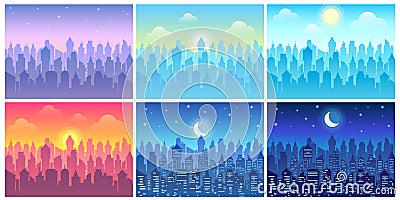 Day time cityscape. Change of time of day, morning town and night city skyline vector illustration set Vector Illustration