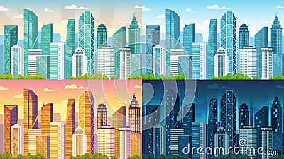Day time cityscape. City buildings at morning, day, sunset and night town view cartoon vector background illustration Vector Illustration