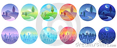 Day time landscape. Dawn, morning city, sunny day, evening sunset, twilight field, night cityscape round vector icon set Vector Illustration