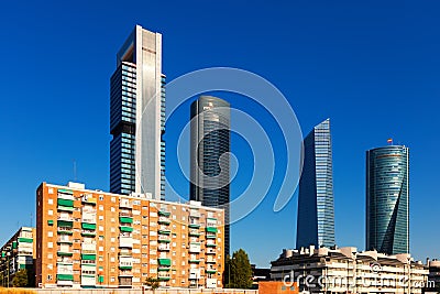 Day view of Cuatro Torres Business Area. Madrid Editorial Stock Photo