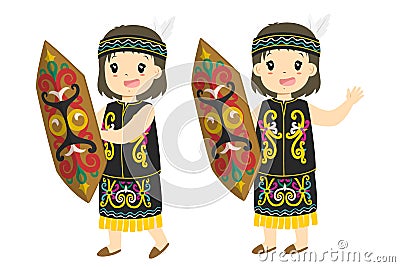 Dayak Girl Holding Traditional Shield Cartoon Vector Collection Vector Illustration