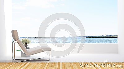 Daybed on terraceand lake view in hotel - 3D Rendering Stock Photo