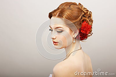 Daydream. Tenderness. Golden Hair Female with Red Flower. Platinum Shine Necklace Stock Photo