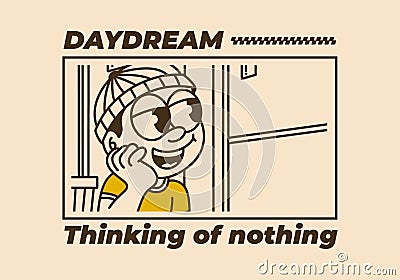 Daydream, thinking of nothing. a boy wearing a beanie was daydreaming by the window Vector Illustration