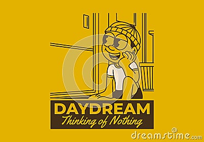 Daydream, thinking of nothing. a boy wearing a beanie was daydreaming by the window Vector Illustration