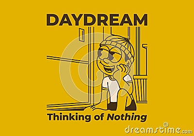 Daydream, thinking of nothing. a boy wearing a beanie was daydreaming by the window Vector Illustration