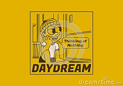 Daydream, thinking of nothing. a boy wearing a beanie was daydreaming by the window Vector Illustration