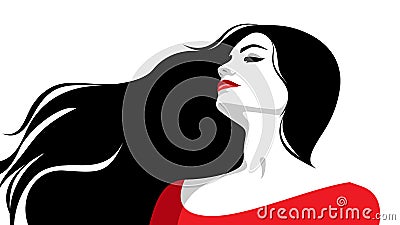 Daydreaming woman wirh long black flying hair Vector Illustration