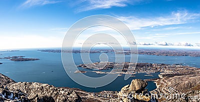 Daylight panorama of Nuuk city and surrounding fjords Stock Photo