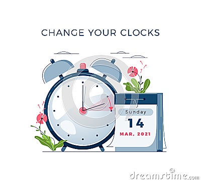 Daylight Saving Time begins concept. The clocks moves forward one hour. DST begins in USA. Flat design vector Vector Illustration