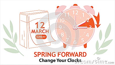 Daylight Saving Time Begins 2023 web banner with clocks and calendar date Vector Illustration