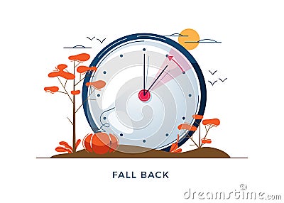 Daylight Saving Time concept. Autumn landscape with text Fall Back, the hand of the clocks turning to winter time. DST Vector Illustration