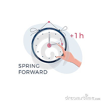 Daylight saving time concept. Human hand is turning the clock hands forward by an hour. Changing the time on the watch Vector Illustration