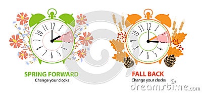 Daylight Saving Time concept set. Alarm clocks with fall back time and spring forward Vector Illustration