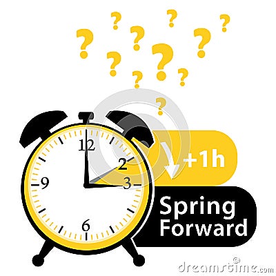 Daylight saving time date question. Spring forward. Colorful summer time alarm clock. Colorful illustration. Vector Illustration