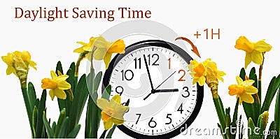Daylight Saving Time DST. Blue sky with white clouds and clock. Turn time forward +1h Stock Photo