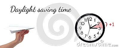 Daylight Saving Time. DST. Wall Clock going to winter time. Turn time forward. Stock Photo