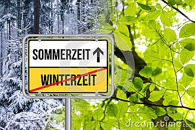 Daylight saving time. DST. Zeitumstellung von Winterzeit auf Sommerzeit Schild. Stock Photo