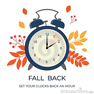 Daylight saving time ends concept banner. Fall Back time. Allarm clock with autumn leaves and branches. Vector Illustration