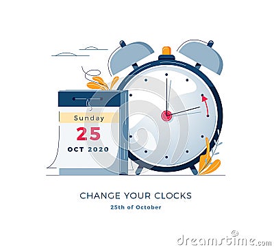 Daylight Saving Time ends concept. The hand of the clocks turning to winter time. Calendar with marked date, text Change Vector Illustration