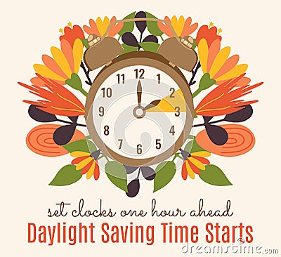 Daylight Saving Time floral concept. Hand of clocks turning to summertime. Spring Forward reminder. Vector illustration in flat Vector Illustration