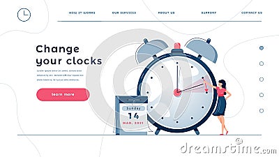 Daylight saving time homepage template. Woman sets the clocks forward by an hour, as dst time begins. Change your clocks Vector Illustration