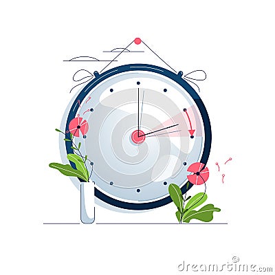 Daylight Saving Time vector illustration. The clocks moves forward one hour to daylight-saving time. Turning to summer Vector Illustration