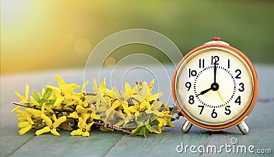 Daylight savings time, spring forward - banner of an alarm clock and flowers Stock Photo